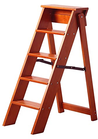 Klappbarer Tritthocker, 5-stufige Holzleiter, tragbare Faltbare Steigleiter mit Leiter, Hocker und Ablagefach, Multifunktions-Trittleiter für Zuhause, Bibliothek, 150 kg Tragkraft (Farbe