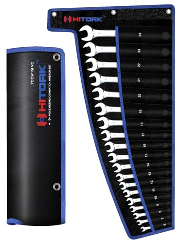 HITORK 19 Piece Metric Combination Wrench Set (6–24mm) Cr-V Steel Mirror Chrome Finish 12-Point Box End, 15° Offset, Roll-Up Pouch – Durable Open End Wrench Set for Home, Garage & Auto Repair