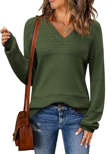 Zeagoo Jersey Mujer Invierno Manga Larga Elegante Suéter Otoño Cuello en V | Pullover，Sólido Sweater de Punto Hueco，S-XXL