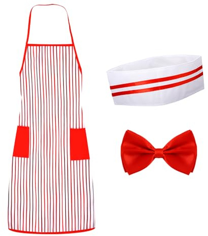 Mikovivi 1950s Waiter Costume Kit, Soda Jerk Costume Includes Red and White Striped Apron Chef Hat Bow Tie Carnival Costume for Adult Movie Night Cosplay Party