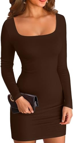ELFIN Abito da Donna a Coste a Maniche Lunghe Jersey Lunghe Collo Quadrato Sexy Maglietta per Feste Club Bodycon Mini Abito Slim Fit