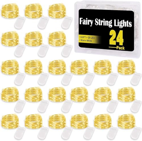 Yihurlm 24Pack Fairy Lights,Battery Operated String Light,6.6FT 20 LED Mason Jar Lights,Waterproof Silver Wire Firefly Light,Mini String Light for Mason Jars Wedding Party Christmas Decor,Warm White