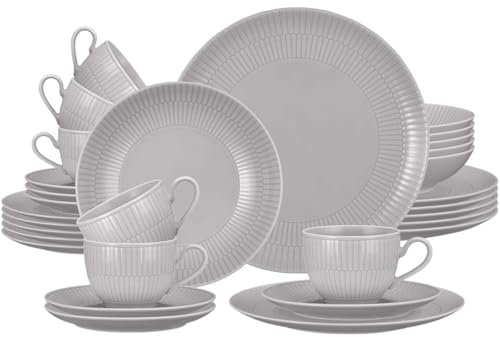 Seltmann Weiden Amina Silbergrau Kombiservice 30-teilig, Komplettes Geschirr-Set für 6 Personen, Tafel- und Kaffee-Geschirr mit dezentem Relief-Muster, Porzellan, Grau