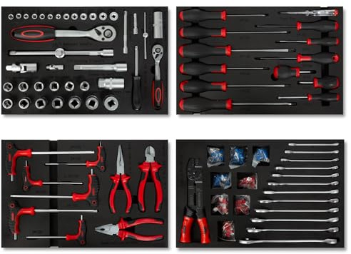 EBERTH Set d'outils multitâches 81 pièces Pour servante d'atelier, inserts d'outils étiquetés en mousse, Pour 4 tiroirs, Equipement automobile et d'atelier professionnel, Rouge