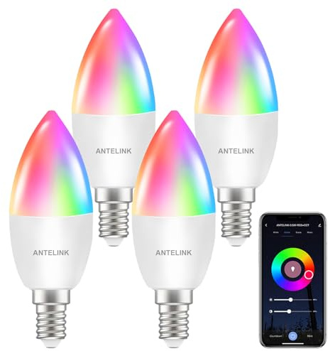 ANTELINK Lampadina Alexa E14 Wifi Dimmerabili, 5,5W 400 Lm 40W Equivalente, Lampadina Led Smart RGBCW 2700K-6500K, Compatibile con Alexa e Google Home, 4 pezzi