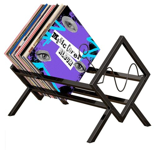 Gemsaya Vinyl Record Storage Rack, 80-100 LP Vinyl Record Storage Stand Holder with Divider, Geometric Metal Design CD Display Shelf Organizer for Albums Audio Magazine Book, 43.5x34x30.5cm