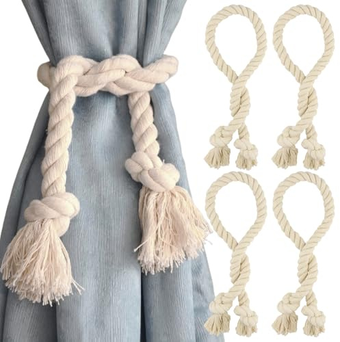 Kioiner 4 Piezas Alzapaños Cortinas, Recoge Cortinas de Algodón, Curtain Tiebacks Estilo Bohemio Beige, Alzapaños para Cortinas Trenzados a Mano para el Hogar, Oficina, Salón y Dormitorio