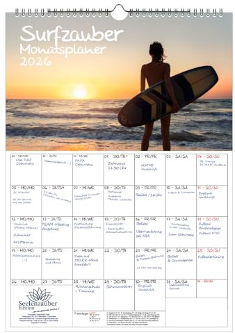 Surfzauber Planer DIN A3 Kalender für 2026 Surfer und surfen - Geschenkset Inhalt: 1x Kalender 1x Weihnachtsanhänger 1x Grußanhänger (gesamt 3 Teile)