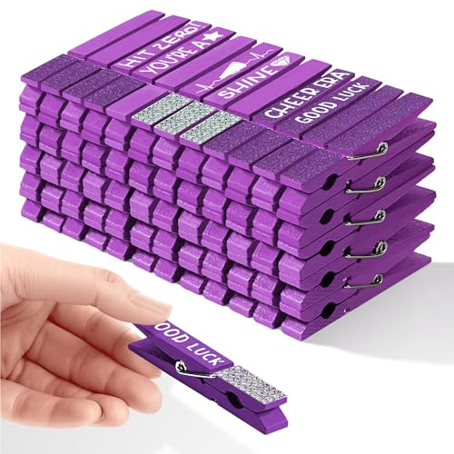 Cheer Pins for Backpacks Decorations, 60-Pack Colored Clothes Pins Wooden Clothespins Purple Volleyball Clips Team Cheerleader Stuff Bulk Gift Set White Marker Glitter Tape Rhinestones Sticker