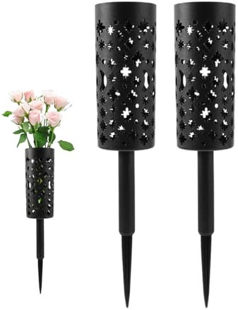 Vasi per tombe con punte, supporto per tomba, vaso con punte in metallo, vasi per cimitero con 2 vasi per cimitero – robusto supporto decorativo per fiori in metallo per giardino Pla