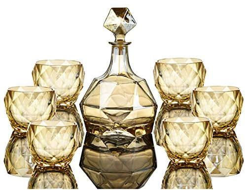 Générique Service à Vin en Verre Cristal, Ensemble De Carafe à Whisky, Verre à Vin De Style Bohème, Base à Motif De Diamant Taillé à La Main, Ensemble De Bar Maison 7 Pièces