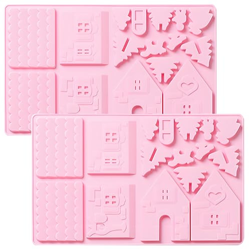 Silikonform Lebkuchenhaus, 28,3x18,1 cm, Rosa, 2er-Set | Weihnachtsmotiv, Backform für Schokolade, Wiederverwendbar, Antihaft-Oberfläche, Inklusive Bäume & Figuren
