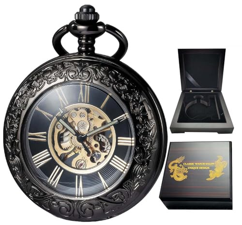 DerMacht Mechanical Pocket Watch Black with Antique Wooden Box, for Men Women Special Magnifier Half Hunter Engraved Case Roman Numerals with Chain