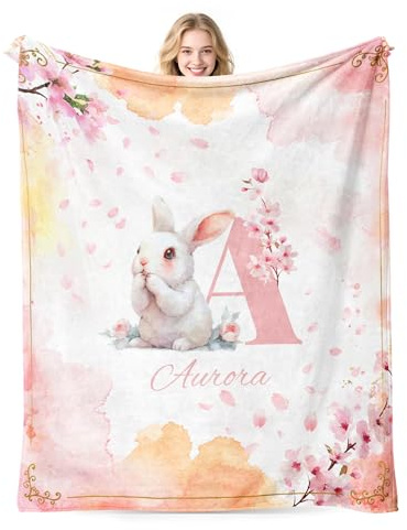 MEQUER Personalised Baby Name Blanket, Custom Blankets and Throws with Name for Kids Girls Boys, Customised Toddler Blanket Gifts for Christmas Birthday Baby Shower (rabbit)