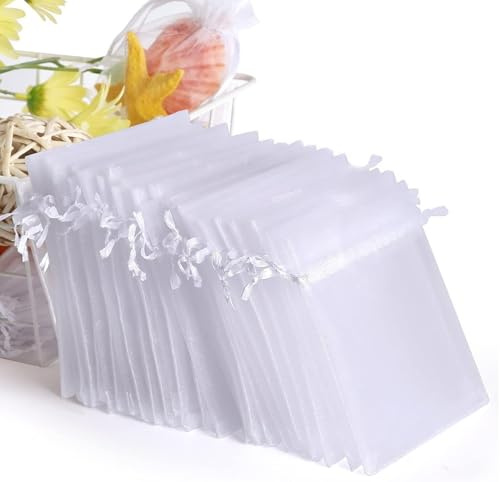 YHESUBZ Lot de 100 sachets en organza Blanc 9 * 12cm,Petits Sacs Cadeaux Avec Cordon De Serrage,Pour Bonbons,Sachets De Mariage,Bijoux,lavande