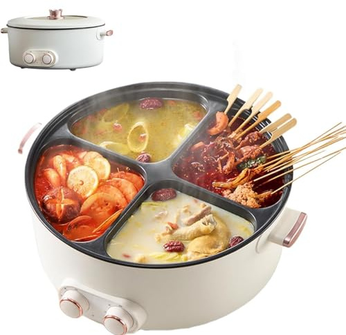 Pot eléctrica 4 Compartimento, hogar Multifuncional de 6L Capacidad de 6L Pot Caliente, Caldera integrada caldrón eléctrico con Placas Divisor Control de Temperatura Ajustable, Olla a casa de Cocina