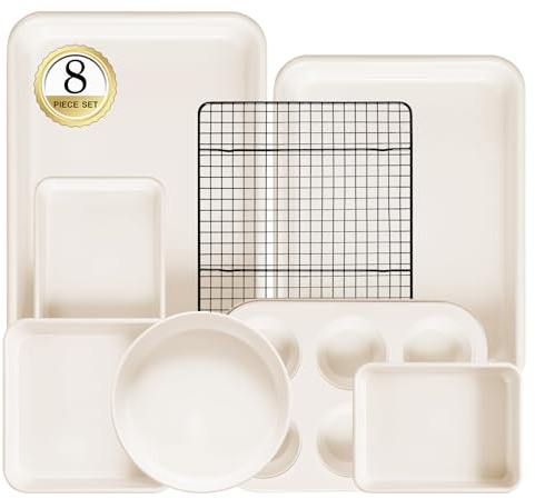 8-Piece Non-stick Baking Pans Set – Stackable Bakeware Set for Kitchen, Carbon Steel Baking Set with Cookie Sheet, Roasting Pan, Cake Pan, Muffin Pan, Cooling Rack, Baking Essentials Supplies