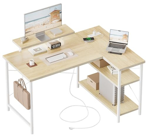 Mericonia Small L Shaped Computer Desk with Power Outlets, Reversible Gaming Desk with Storage Shelves & Monitor Stand, Corner Gamer Desk Table, Study Writing Table