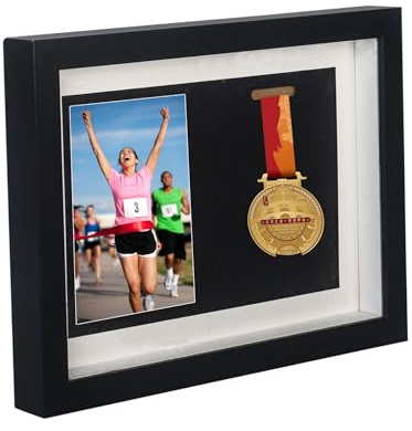 Klmnop Medal Display Shadow Box, Photo and Single Medal Display Frame Case, Wood Sport Medal Display Frame Perfect for Marathon Runner, All Sports Winners(32.5×23×3.5cm)