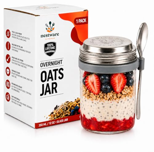 Nestware Kitchen Overnight Oats Jar with Spoon [1-Pack] – 350ml Glass Breakfast Container with 50g Measuring Lid – Leak Proof Seal – For Chia, Yoghurt, Oatmeal & Meal Prep