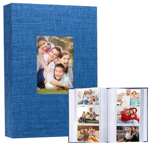 Álbum de Fotos 10x15 300 Fotos, Album Bolsillos de Fotos Grande con Ventana Frontal y Espacio para Escribir, Cubierta de Lino, para Familias, Bodas, Viajes, Bebés (Azul, 50 Hojas/100 Páginas)