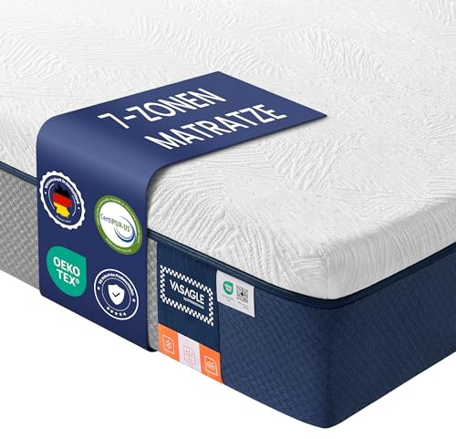 VASAGLE madrass, 90 x 200 cm, enkelmadrass av gel-minnesskum, medelfast, H3, 7-zonsstöd, andas, avtagbart, maskintvättbart överdrag, 25 cm tjock, blå RMZ132QZ01