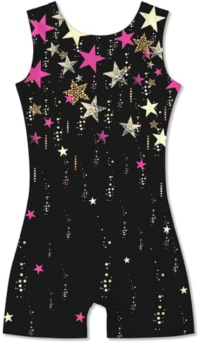 Idgreatim Girls Gymnastic Leotard Size 9-10 Sparkly Black Starry Biketard Unitards with Shorts Gym Ballet Dance Dress Oufits for Tumbling Class 9-10 Years