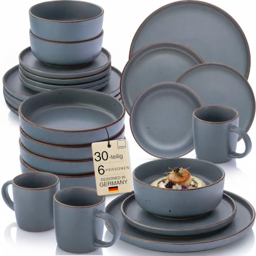 SÄNGER Bombay Graphit Kombiservice 30 teilig, Steingut Geschirr | 6 Personen, 6x Speiseteller 6x Dessertteller 6x Schalen 6x Pastateller 6x Kaffeebecher, Teller Set modern