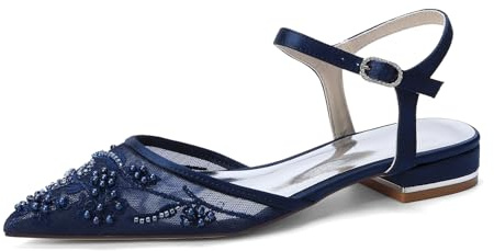 Yhsdfcn Bailarinas de Satén y Malla Slingback con Correa de Cristales, Zapatos de Novia Planos de Talón Abierto con Perlas, Punta Fina Elegante para Fiesta,Azul,43 EU