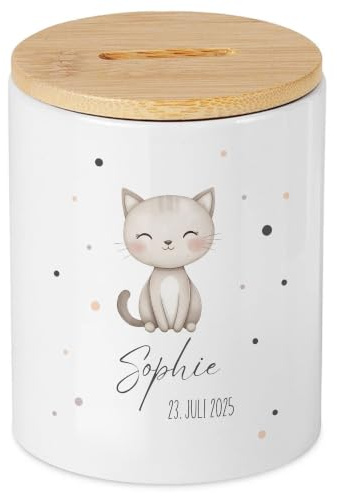 Personalisierte Spardose Katze mit Name, Datum, Bambusdeckel, personalisierbares Geschenk für Mädchen, Jungen, Babys, Taufe, Geburtstag, Wunscherfüller