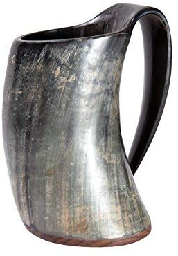 Frera Hornbecher mit Henkel ca. 300-490 ml aus echtem Horn mit Holzboden, lebensmittelecht, Naturfarbe, Handarbeit