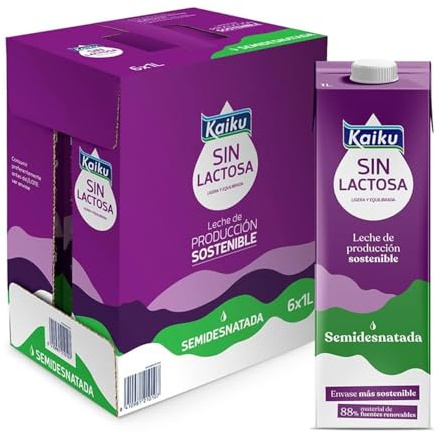 Kaiku Sin Lactosa - Leche Sin Lactosa, Semidesnatada UTH, de Producción Sostenible, con Vitaminas A, D y E, con Ácido Fólico - Pack 6 x 1 L