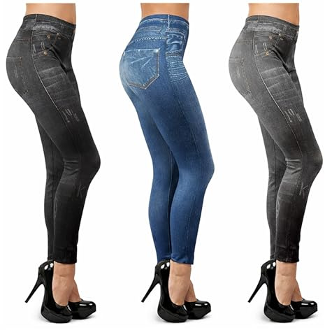 ShopINess Confezione da 3 Slim Jeggings Felpati con Pile Interno Leggings Stile Jeans Elasticizzati (1Nero, 1Grigio, 1Blu) (S-M)