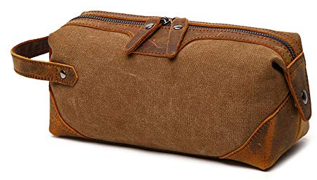 Neuleben Kulturtasche aus Canvas Leder Vintage Kulturbutel Klein Kosmetiktasche Waschtasche mit Tragegriff Damen Herren für Reise Urlaub (Braun)