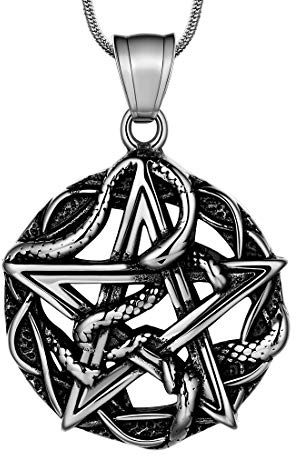 Hipunk Pentagram Mens Necklace - Star Pentagram Entwined Snake Necklace Gothic Snake Medallion Pendant 18k Gold/Black Gun Plated Amulet Protection Jewelry