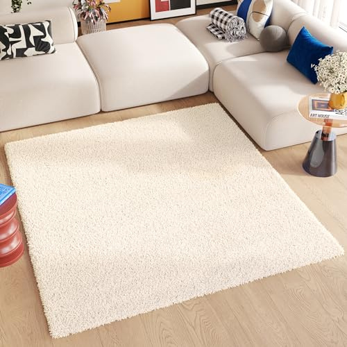 TAPISO Essence Alfombra Shaggy Cuadrada Pelo Largo Moderna Beige Monocolor Alfombra Salón Dormitorio Adulto Niño Cama Escritorio Suave Super Suave Gruesa Oeko-Tex 120 x 120 cm