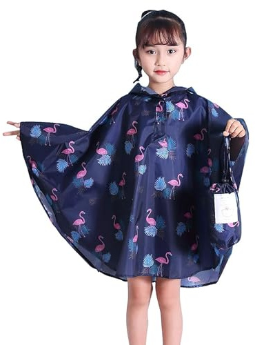 Gaga city Kinder Regenponcho Mädchen, Regencape mit Kapuze Regenmantel für Jungen Unisex Blauer Flamingo/XL