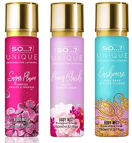 So…? Unique Womens Sweet Petals Bundle Sugar Plum, Peony Blush, Cashmere Body Mist Spray Mixed Fragrance Bundle 150ml (Pack of 3)