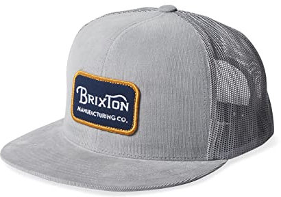Brixton Grade Mesh Snapback Trucker Cap, Men’s Medium Profile, Adjustable, Flat Wide Brim Hat, Cotton & Polyester Blend, Silver, One Size
