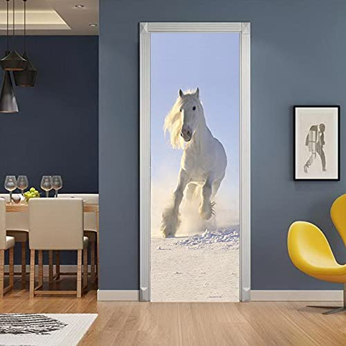 A.Monamour Türtapete Selbstklebend Türfolie Türposter 3D Weißes Pferd Das Im Schnee Winter Tier Thema Läuft Vinyl Folie Türdeko Tapete Wandbild Türaufkleber Türtattoo 85 x 200 cm