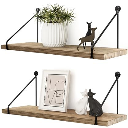 Afuly Wandregal Holz Schwarz Metall Rustikal Regale für Wände Natur Badezimmer Kinderzimmer Küche Wohnzimmer 2er Set