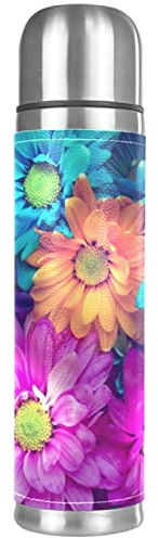 Colorful Daisy Flowers Pink Blue Orange Vacuum Flask Insulated Water Bottle Compact Stainless Steel Coffee Travel Mug 17 Ounce