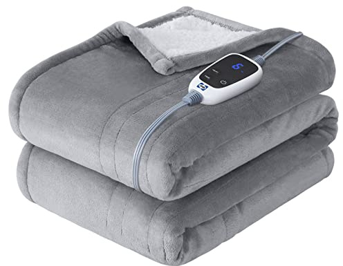 SEALY Electric Throw Blanket, Flannel & Sherpa Heated Throw with 6 Heating Levels & 2-10 Hours Auto Shut Off, Fast Heating & Machine Washable, 50x60 Inch, Light Grey