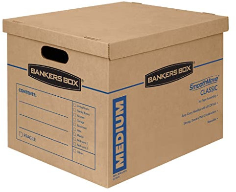 10 BANKERS BOX Strong Moving Boxes, SmoothMove Classic 38 Litre Cardboard Moving Packing Storage Boxes, Tape-Free Assembly, Easy Carry Handles 45cm x 33cm x 26cm (Pack of 10), Brown