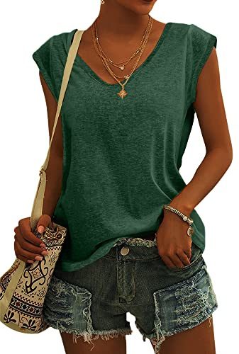 GeGekoko Dam kortärmad, v-ringad, t-shirt med holkärmar, toppar, sommarblusar, ledig vid tanktopp, basic topp för flickor, Grön, XL