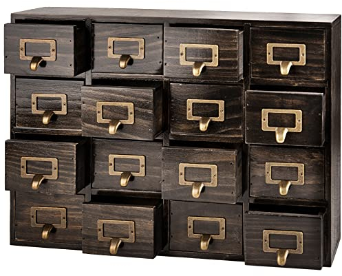 Dark Ash 16-Drawer Card Catalog Artisan Drawer Chest - 20x3.6x14 - Desktop Apothecary Crafted in Solid Wood, Curating Timeless Order - A 4-Tiered Storage with Label Holders & Handles for Your Table