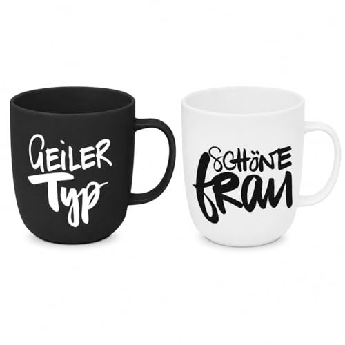 2er Becher Set „Geiler Typ & Schöne Frau“, Porzellan Tassen 350 ml, Kaffeebecher Paar-Set Schwarz Weiß, spülmaschinenfest & mikrowellengeeignet, Geschenkidee für Paare