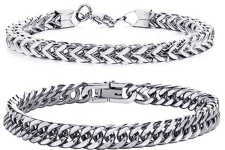 GoPaw 2 Stück Herren Armband Panzerkette, Edelstahl Herren Armband Schwarz Silber Panzerkette Armbänder Hip Hop Jewelry Cuban Link Chain Armbänder für Männer Jungs