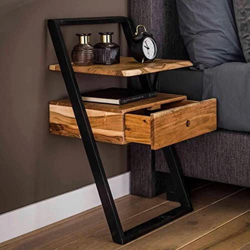 RINGO Living Bett Nachttisch Nalani aus Massivholz & Metall, Holz Nachttisch mit Schublade, Beistelltisch mit Ablage, Industrial Style, Hängend