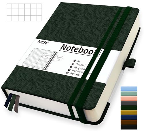 Mlife Quaderno A5 Quadretti, 360 Pagine E 100g/M² Carta Resistente All'Inchiostro, Quaderni Con Tasca Pieghevole Per Ufficio Scuola Casa Scrittura E Note(Verde)